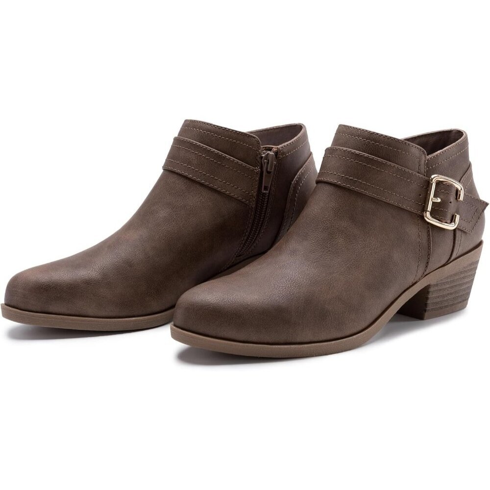 Women’s Taupe Chunky Low Heel Ankle Boots Classic Pointed Toe Zipper Booty - Picture 5 of 7